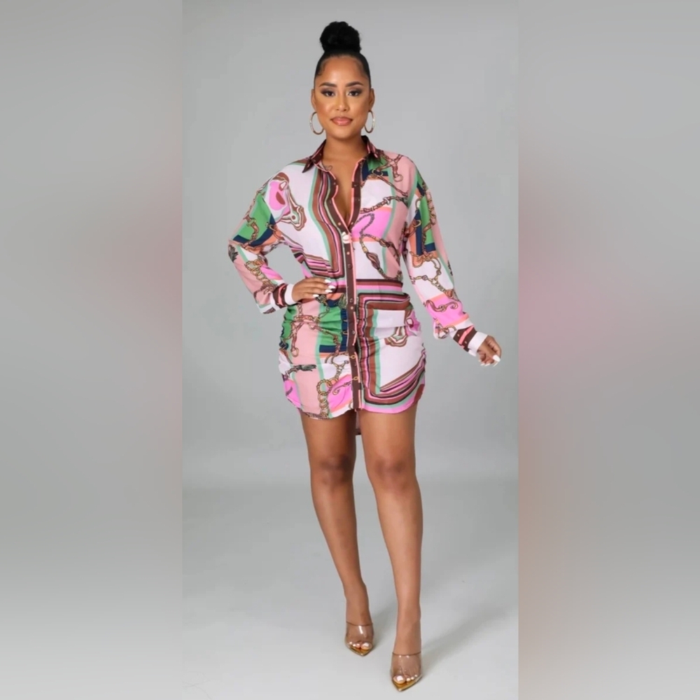 Mi Amore Shirt Dress Womens Small Pink Green Scarf Print Ruched Mini Button Down